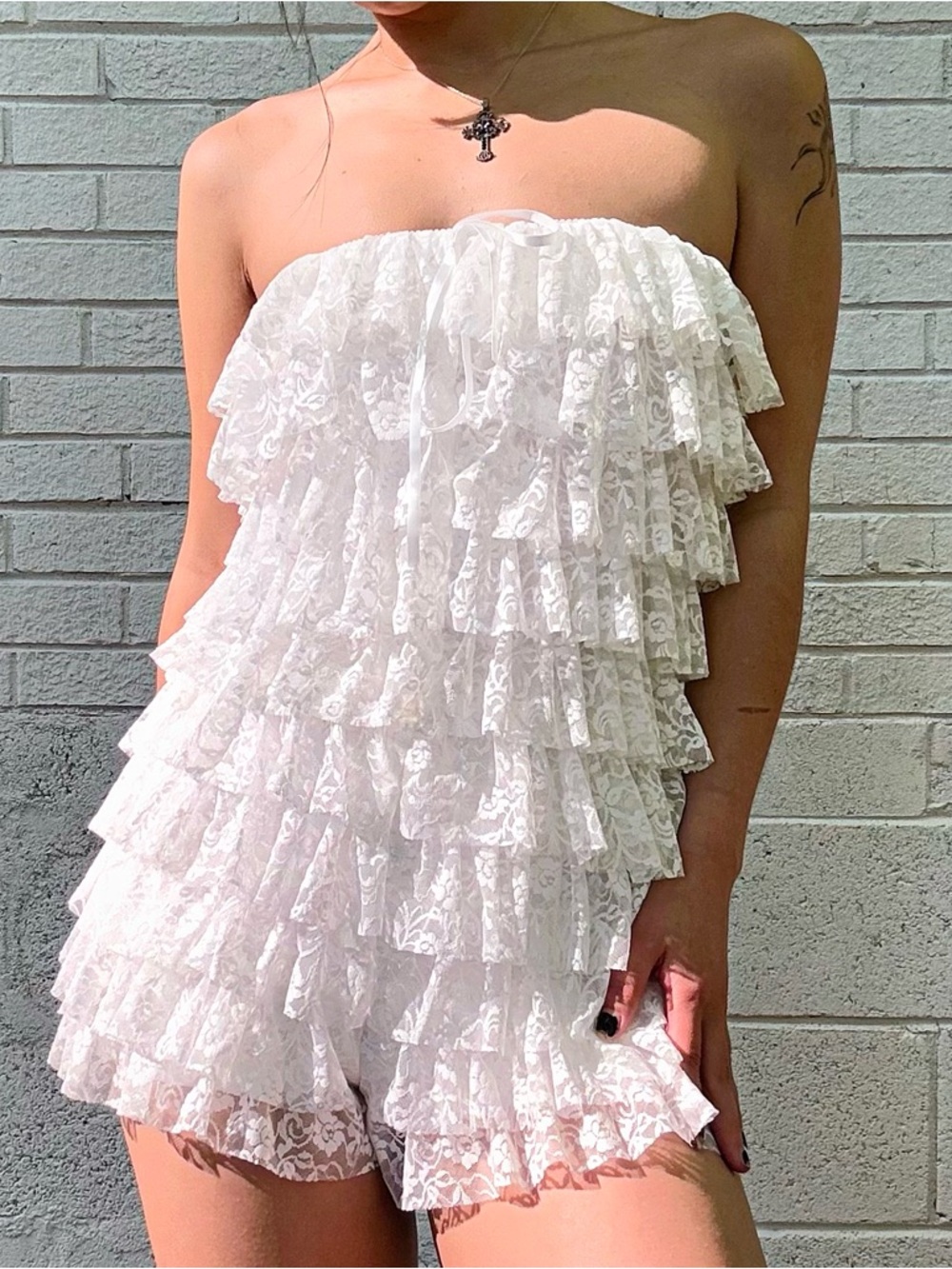 Fashion Nova tiered lace ruffle strapless romper, size S